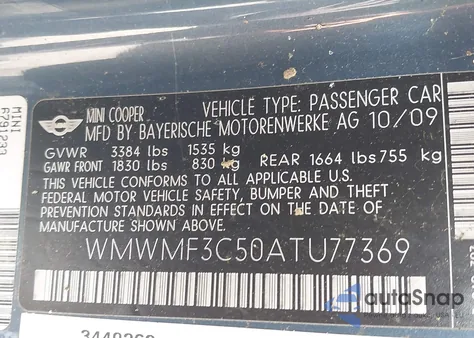 2010 Mini Cooper from USA, damaged, VIN WMWMF3C50ATU77369